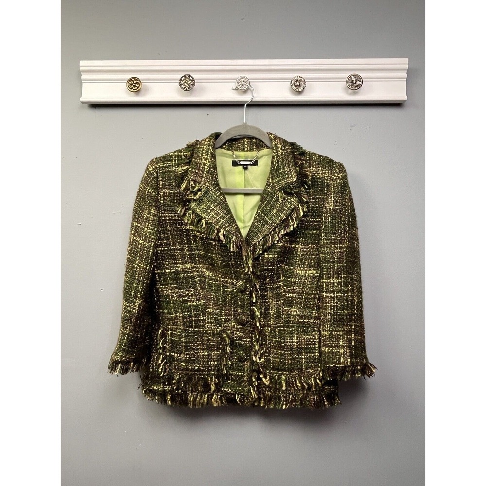 View Blazer Women 10 Green Yellow Tweed Boucle Fringe Trim Academic‎ Jacket